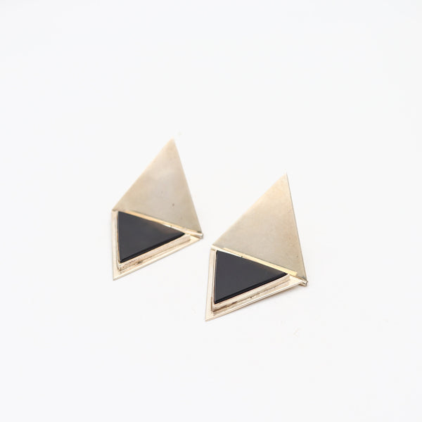 TAXCO 1970 Mexican Geometric Modernist Earrings In .925 Sterling With Onyx