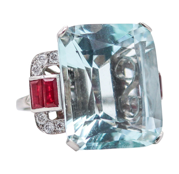 ART DECO 1938 Cocktail Ring In Platinum 32.99 Ctw Aquamarine Rubies & Diamonds