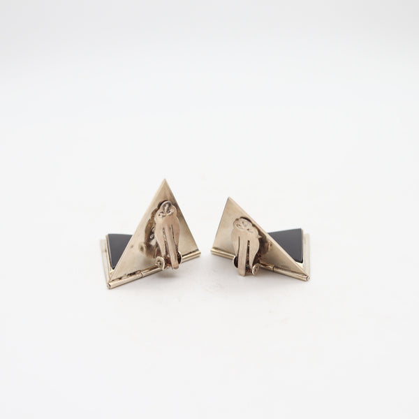 TAXCO 1970 Mexican Geometric Modernist Earrings In .925 Sterling With Onyx