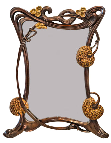 +French 1900 Art Nouveau Mirror Carved In Wood With Gilded Lotus Flowers