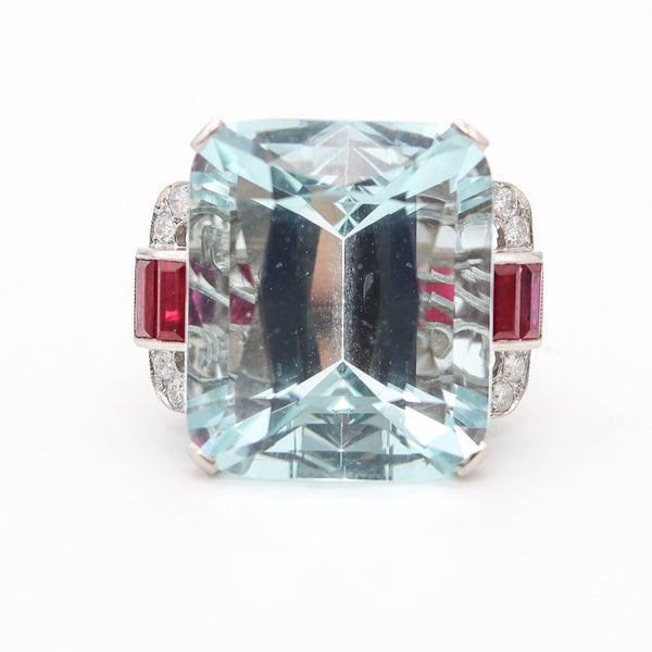 ART DECO 1938 Cocktail Ring In Platinum 32.99 Ctw Aquamarine Rubies & Diamonds