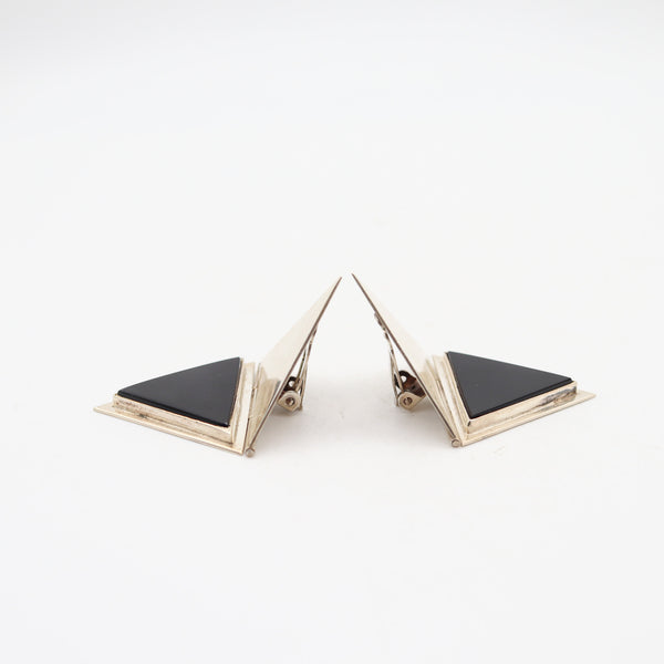 TAXCO 1970 Mexican Geometric Modernist Earrings In .925 Sterling With Onyx