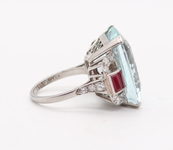 ART DECO 1938 Cocktail Ring In Platinum 32.99 Ctw Aquamarine Rubies & Diamonds