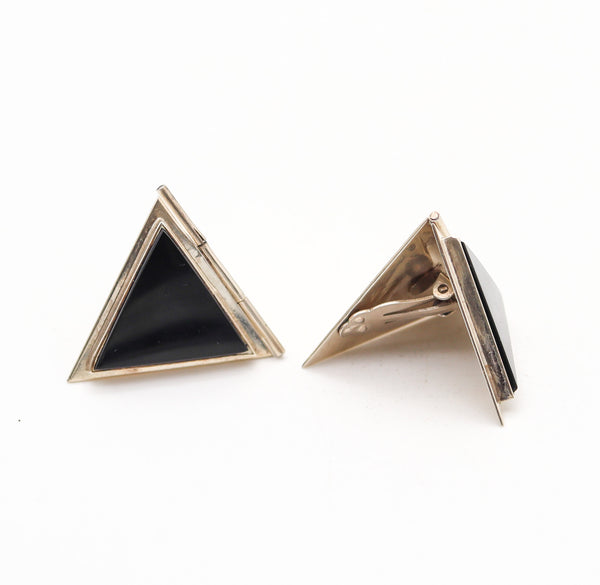 TAXCO 1970 Mexican Geometric Modernist Earrings In .925 Sterling With Onyx