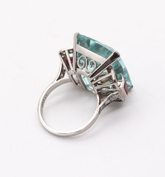 ART DECO 1938 Cocktail Ring In Platinum 32.99 Ctw Aquamarine Rubies & Diamonds