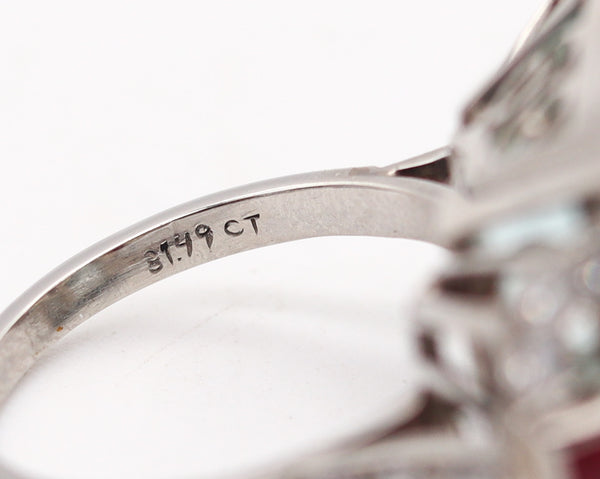 ART DECO 1938 Cocktail Ring In Platinum 32.99 Ctw Aquamarine Rubies & Diamonds