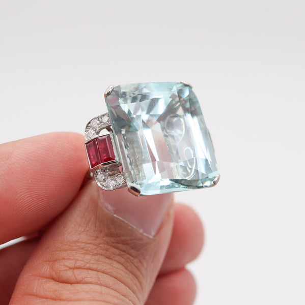 ART DECO 1938 Cocktail Ring In Platinum 32.99 Ctw Aquamarine Rubies & Diamonds