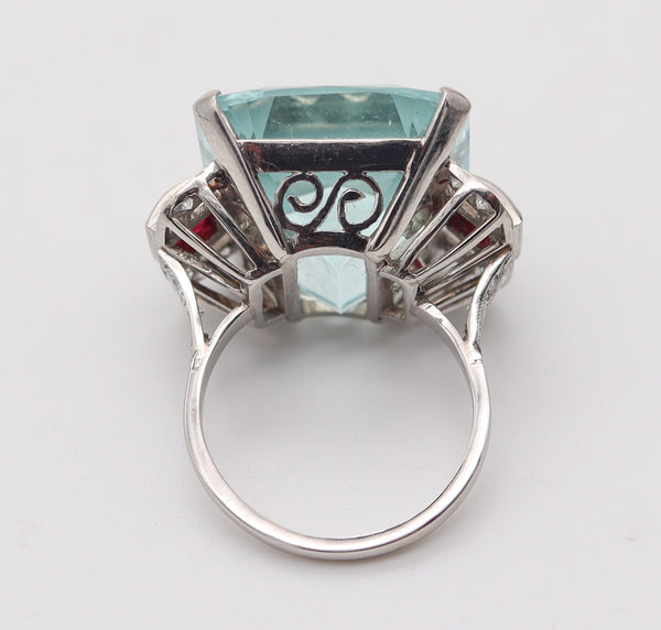 ART DECO 1938 Cocktail Ring In Platinum 32.99 Ctw Aquamarine Rubies & Diamonds