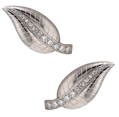 FRENCH ART DECO Paris 1940 Clips Earrings in Platinum with 1.56 Ctw in Diamonds