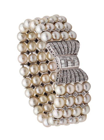 -Art Deco 1935 Pearls Bracelet In Platinum With 4.10 Ctw In Diamonds