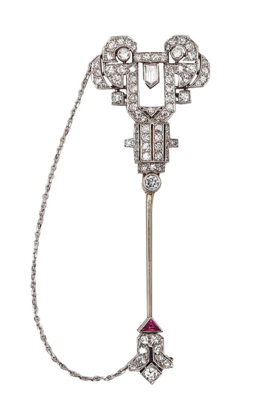 FRENCH 1925 Art-Deco Foldable Jabot In Platinum With VS Diamonds & Ruby