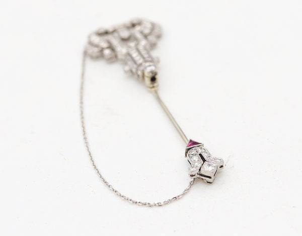 FRENCH 1925 Art-Deco Foldable Jabot In Platinum With VS Diamonds & Ruby