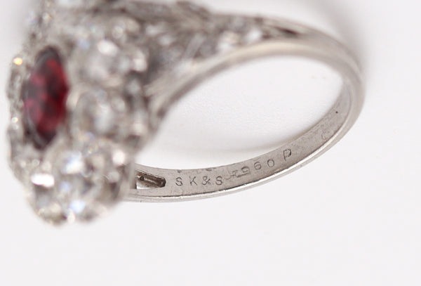 SAMUEL KIND & SON 1925 Art Deco Ring In Platinum With 4.87 Ctw Ruby & Diamonds.