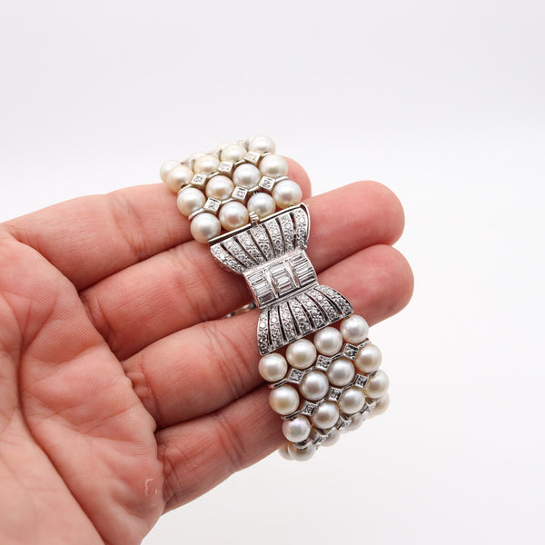 -Art Deco 1935 Pearls Bracelet In Platinum With 4.10 Ctw In Diamonds