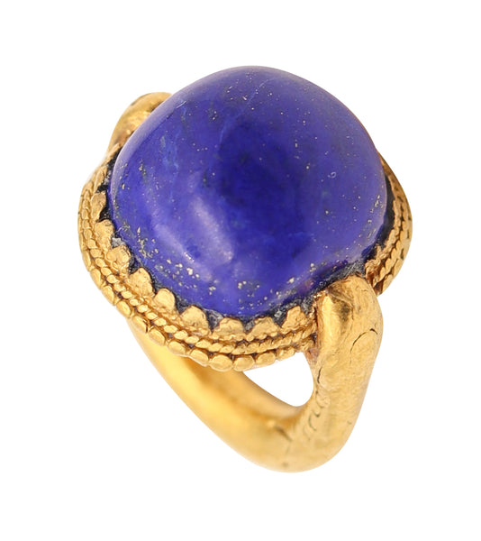 FRENCH 1880 Antique Etruscan Revival Ring In 24Kt Hammered Gold With Lapis Lazuli