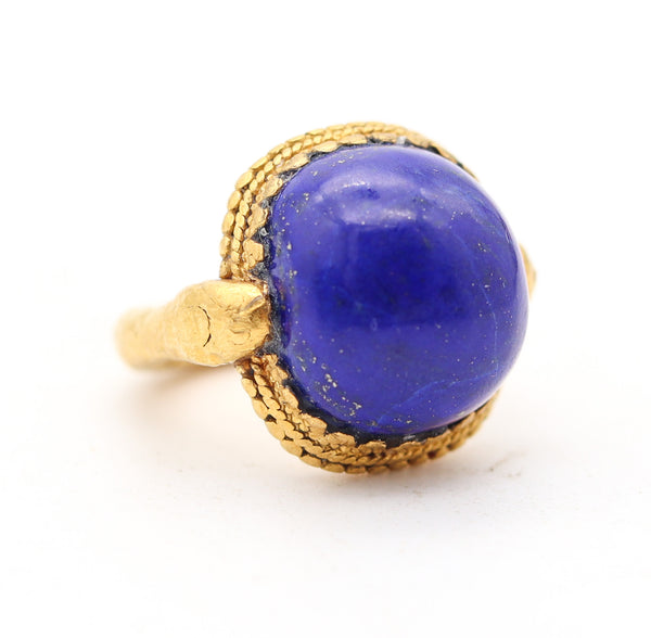 FRENCH 1880 Antique Etruscan Revival Ring In 24Kt Hammered Gold With Lapis Lazuli