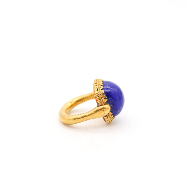 FRENCH 1880 Antique Etruscan Revival Ring In 24Kt Hammered Gold With Lapis Lazuli