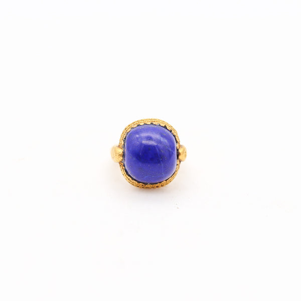 FRENCH 1880 Antique Etruscan Revival Ring In 24Kt Hammered Gold With Lapis Lazuli