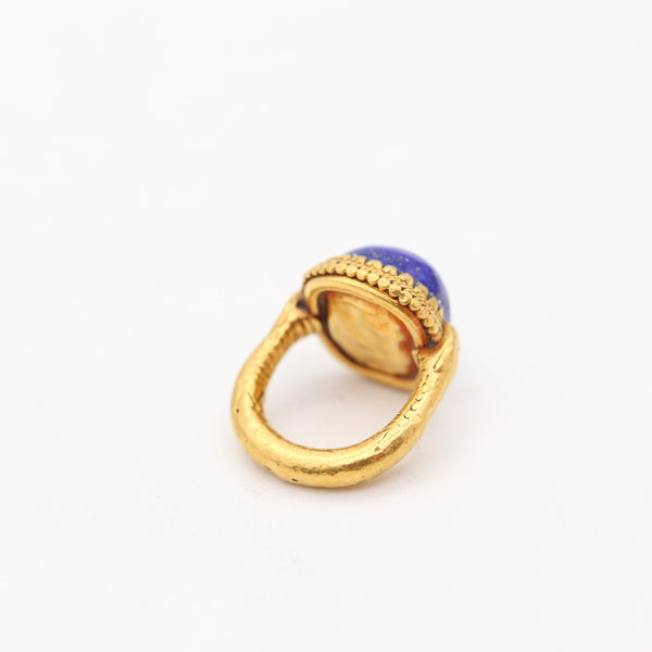 FRENCH 1880 Antique Etruscan Revival Ring In 24Kt Hammered Gold With Lapis Lazuli