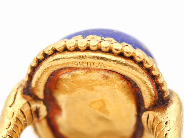 FRENCH 1880 Antique Etruscan Revival Ring In 24Kt Hammered Gold With Lapis Lazuli