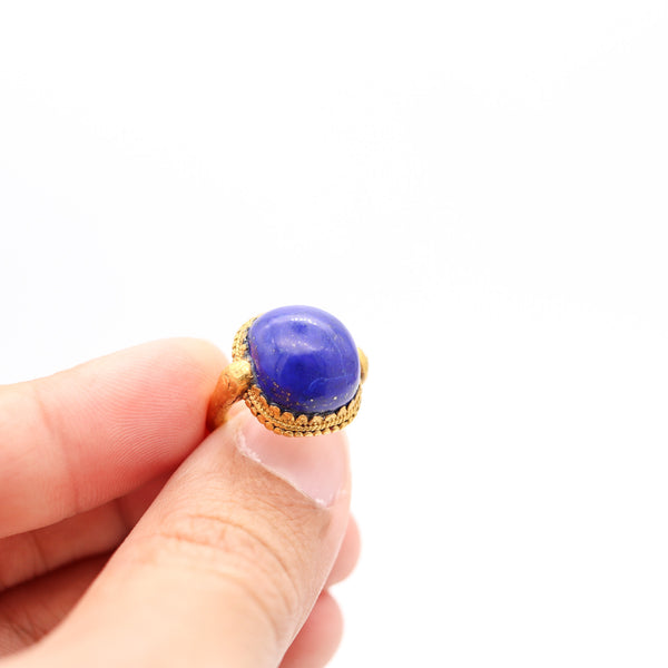 FRENCH 1880 Antique Etruscan Revival Ring In 24Kt Hammered Gold With Lapis Lazuli