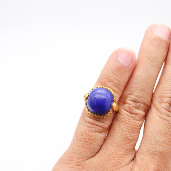 FRENCH 1880 Antique Etruscan Revival Ring In 24Kt Hammered Gold With Lapis Lazuli