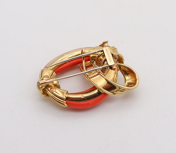 -Chaumet Paris 1960 Modernist Pendant Brooch In 18Kt Gold With Coral And Diamonds