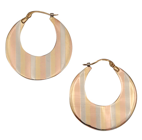 -UnoAerre 1970 Italian Modernist Tri-Color Hoops Earrings in 18Kt Gold