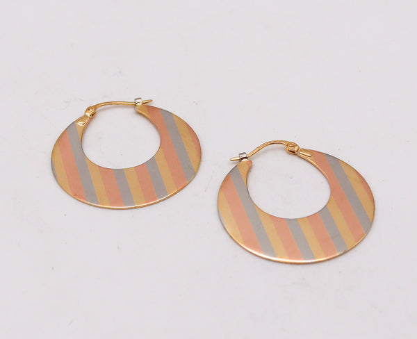 -UnoAerre 1970 Italian Modernist Tri-Color Hoops Earrings in 18Kt Gold