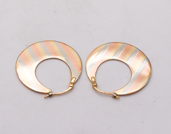 -UnoAerre 1970 Italian Modernist Tri-Color Hoops Earrings in 18Kt Gold