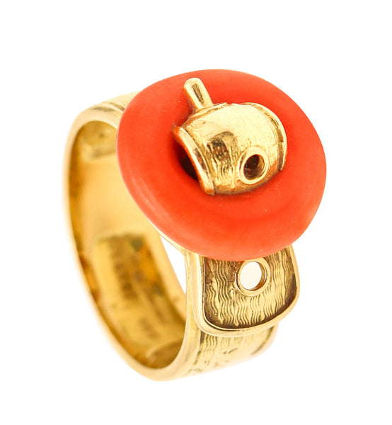 PIAGET Paris 1970 Modernist Belt-Shaped Ring In 18Kt Yellow Gold With Coral