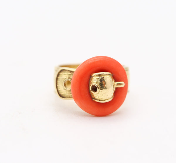 PIAGET Paris 1970 Modernist Belt-Shaped Ring In 18Kt Yellow Gold With Coral