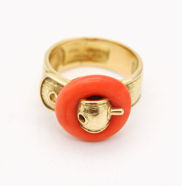 PIAGET Paris 1970 Modernist Belt-Shaped Ring In 18Kt Yellow Gold With Coral