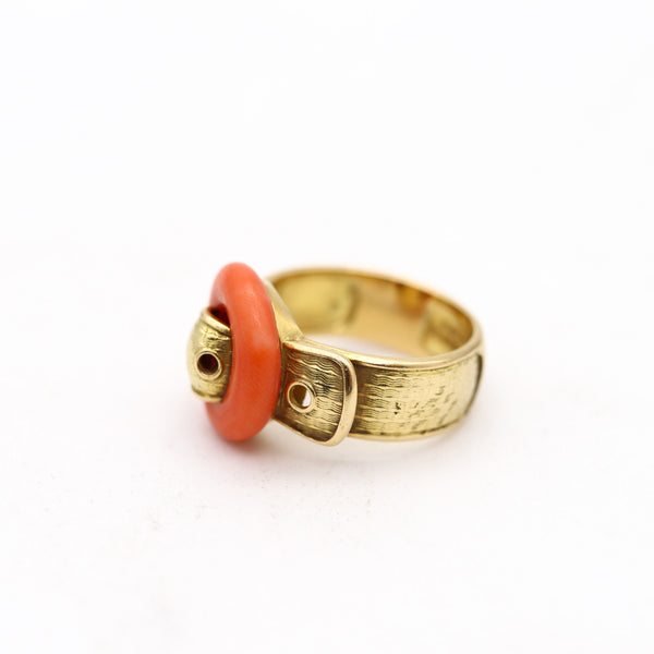 PIAGET Paris 1970 Modernist Belt-Shaped Ring In 18Kt Yellow Gold With Coral