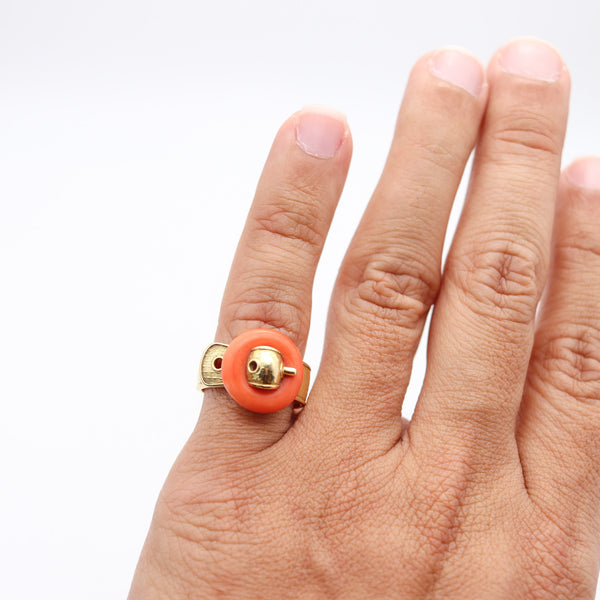 PIAGET Paris 1970 Modernist Belt-Shaped Ring In 18Kt Yellow Gold With Coral