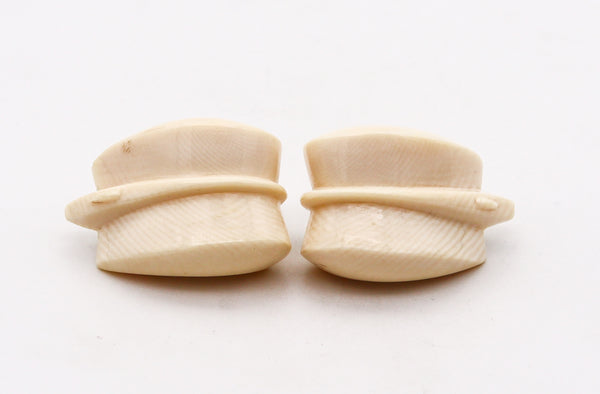 -Patricia Von Musulin 1970 Modernist Carved Clips Earrings Mounted In .925 Sterling Silver