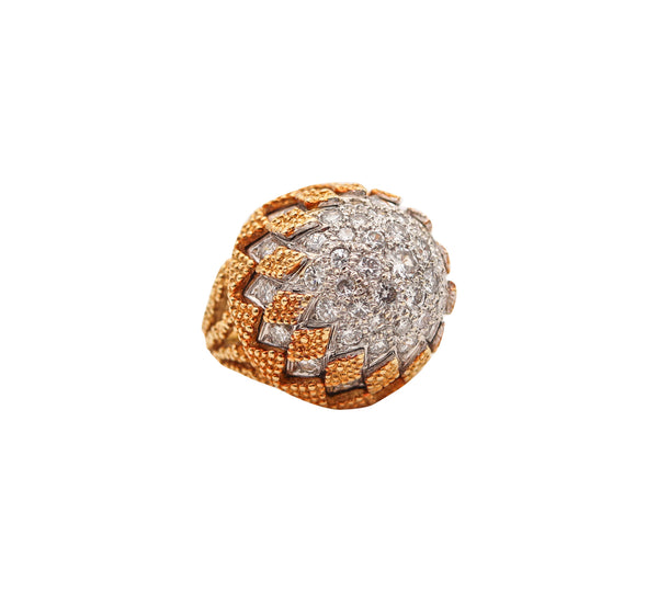 -Italian Mid Century Bombe Cocktail Ring In 18Kt Gold Platinum And 5.60 Ctw Diamonds