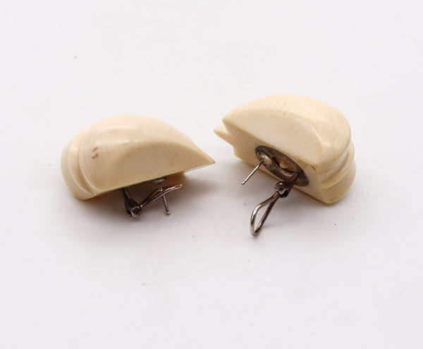 -Patricia Von Musulin 1970 Modernist Carved Clips Earrings Mounted In .925 Sterling Silver