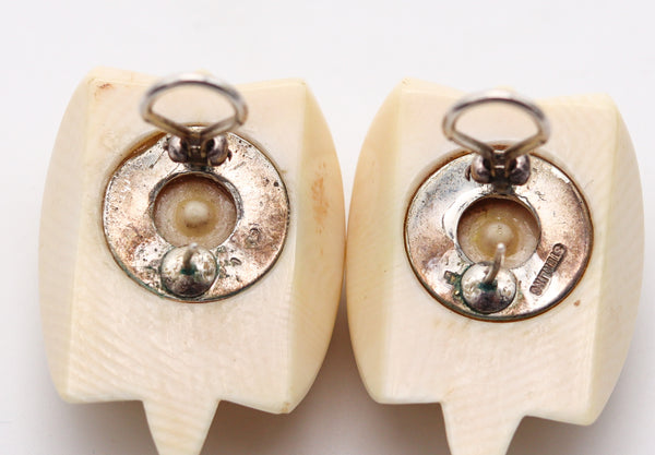 -Patricia Von Musulin 1970 Modernist Carved Clips Earrings Mounted In .925 Sterling Silver