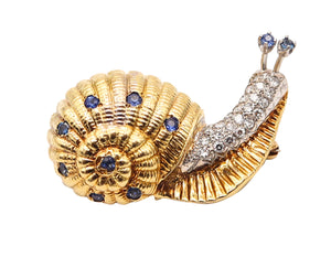 ITALIAN 1960 Snail Brooch In Solid 18Kt Yellow Gold With Diamonds & Sapphires