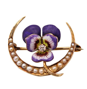 -Edwardian 1905 Art Nouveau Pansy Enameled Pin Brooch in 14Kt Gold With Natural Pearl