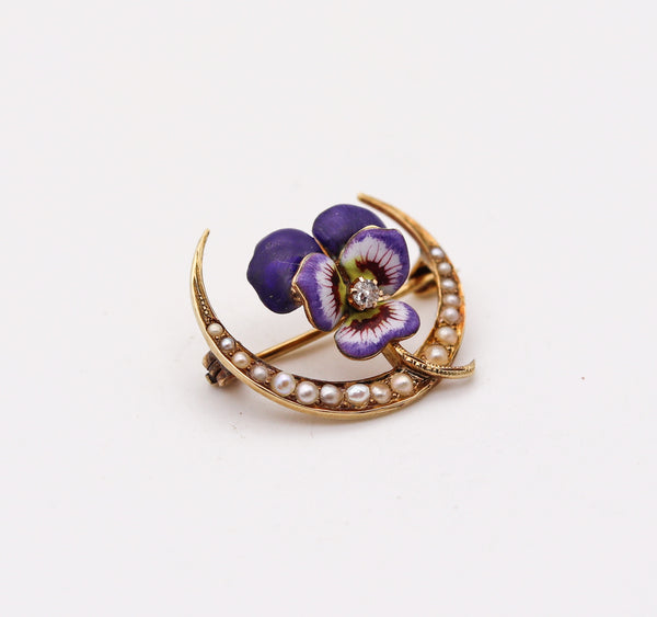 -Edwardian 1905 Art Nouveau Pansy Enameled Pin Brooch in 14Kt Gold With Natural Pearl