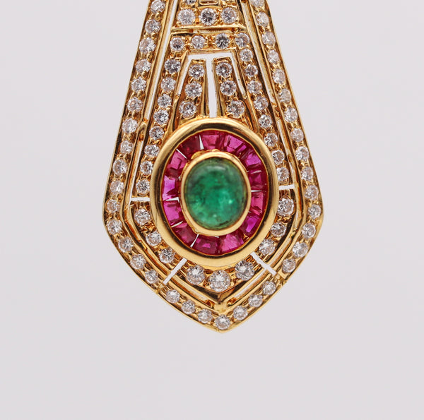-Dangle Drop Earrings In 18Kt Gold With 7.92 Ctw In Diamonds Rubies And Emeralds