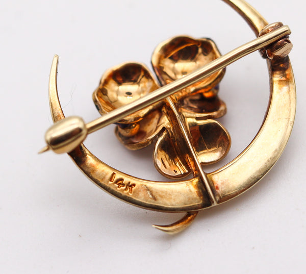 -Edwardian 1905 Art Nouveau Pansy Enameled Pin Brooch in 14Kt Gold With Natural Pearl