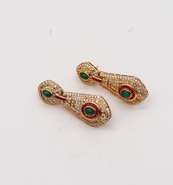 -Dangle Drop Earrings In 18Kt Gold With 7.92 Ctw In Diamonds Rubies And Emeralds