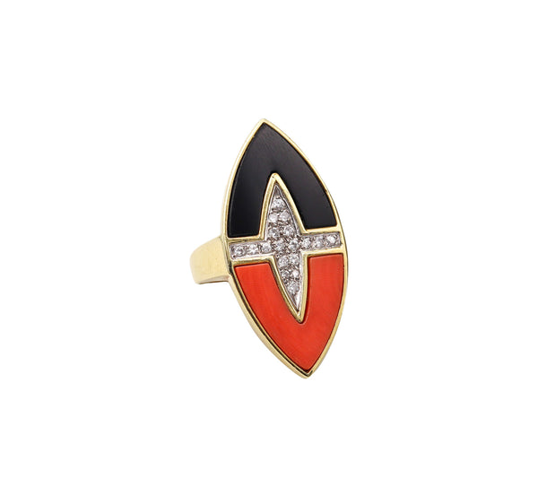 -Retro Modern 1970 Sculptural Geometric Ring In 18Kt Gold With Diamonds Coral And Onyx
