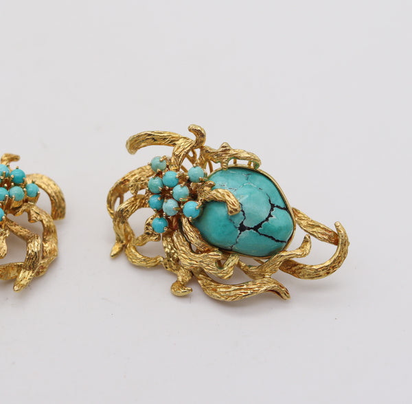 -Retro Modern 1960 Italian Free Form Earrings In 18Kt Yellow Gold With Turquoises