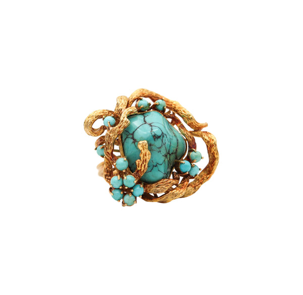 -Retro Modern 1960  Italian Free Form Cocktail Ring In 18Kt Gold With Turquoises