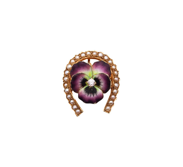 -Art Nouveau 1905 Edwardian Enameled Purple Flower Brooch in 14Kt Gold With Pearls