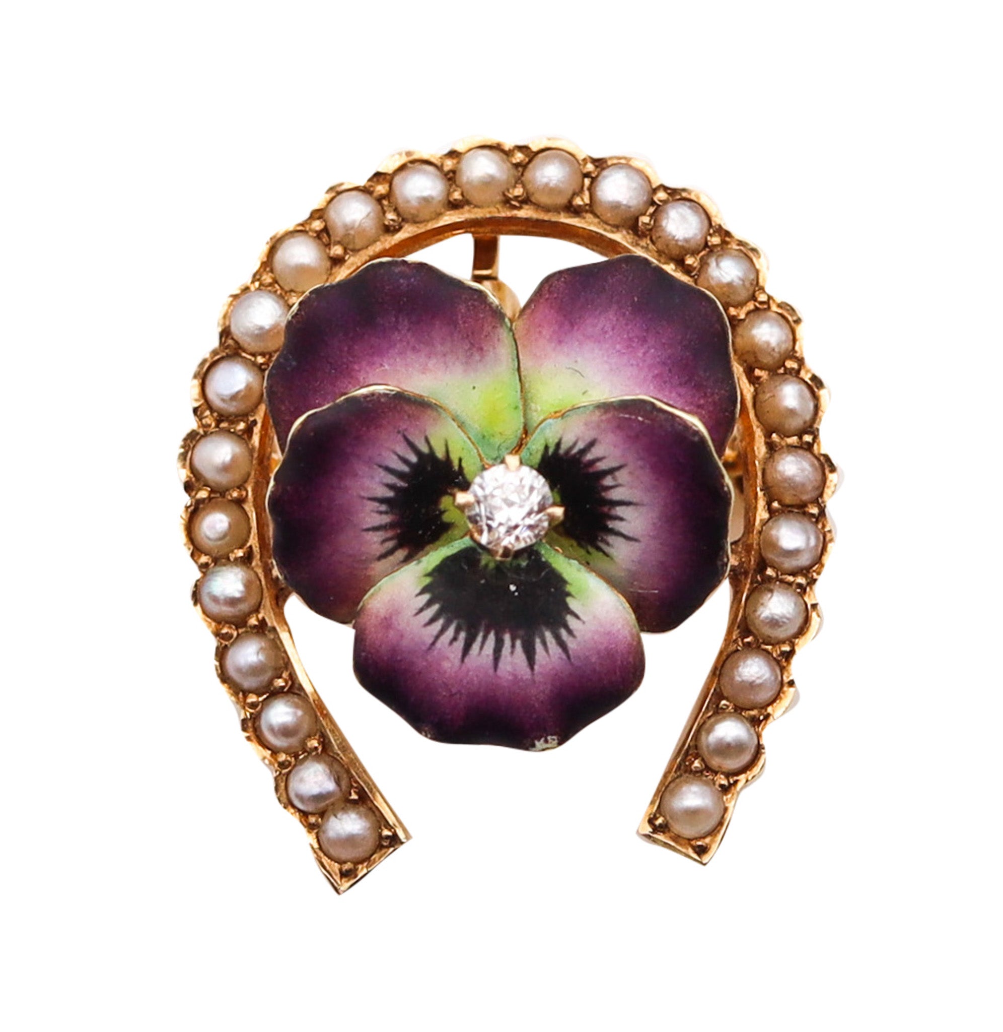 -Art Nouveau 1905 Edwardian Enameled Purple Flower Brooch in 14Kt Gold With Pearls